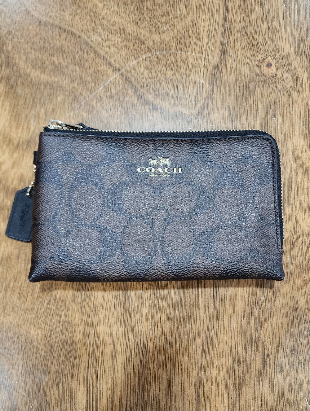 Coach Signature Canvas L Zip Wallet Wristlet Pouch Dark Brown